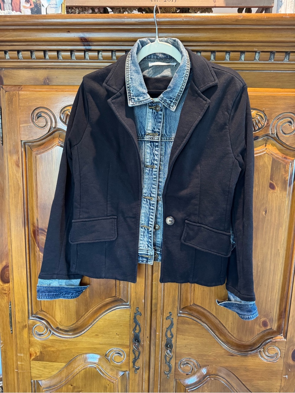 Sixtyseven Black Blazer with Denim-Trim Collar